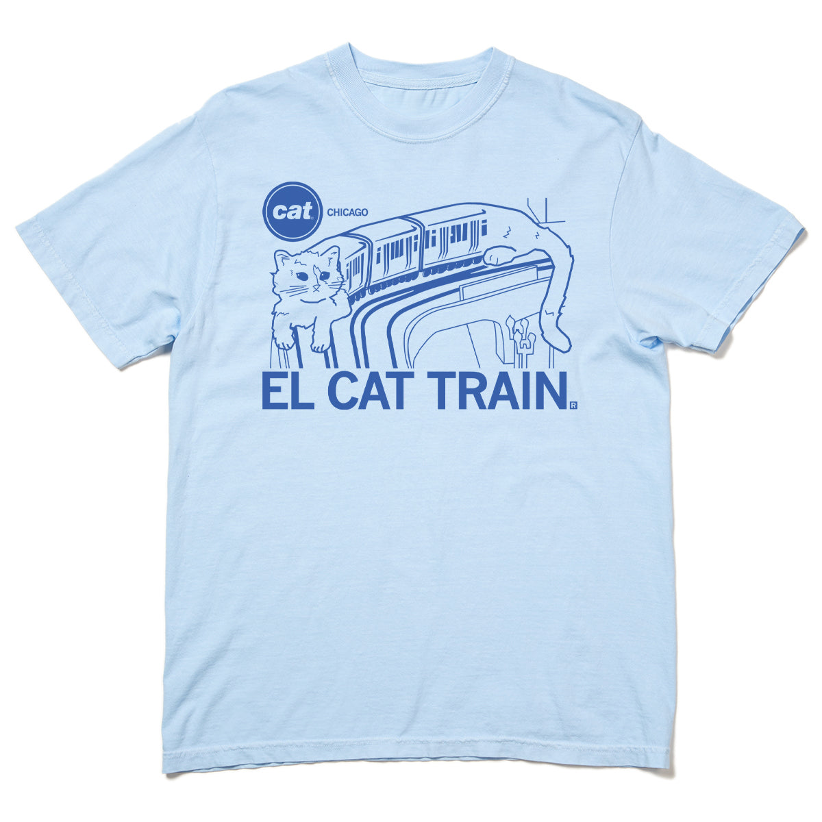 Light blue RAYGUN t-shirt featuring a cat lying on top of a Chicago L train, with the text CAT CHICAGO in a circle and EL CAT TRAIN below.