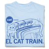Light blue RAYGUN t-shirt featuring a blue graphic of a cat draped over an elevated train, with the text CAT CHICAGO in a circle and the words EL CAT TRAIN below.