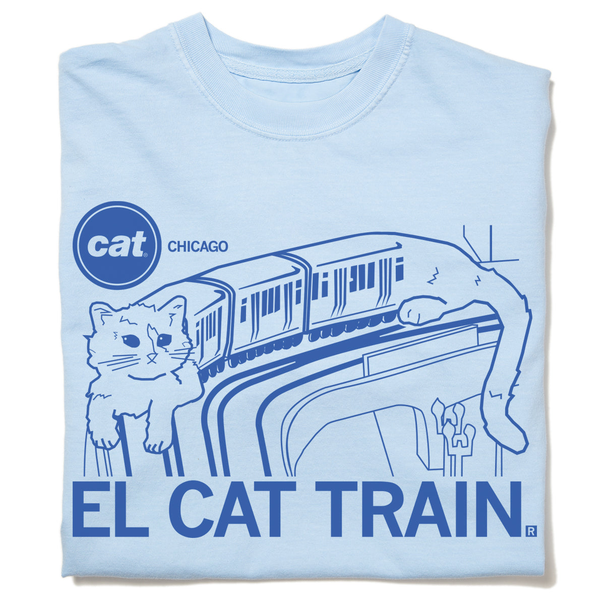 Light blue RAYGUN t-shirt featuring a blue graphic of a cat draped over an elevated train, with the text CAT CHICAGO in a circle and the words EL CAT TRAIN below.