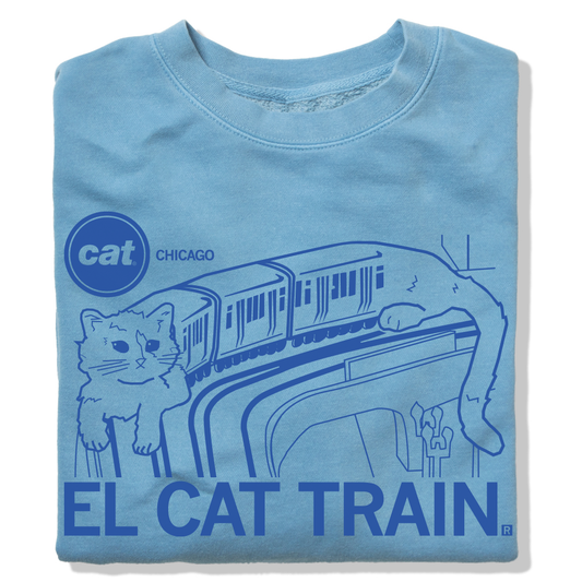 Light blue chambray crew sweatshirt featuring a graphic of a cat shaped like a Chicago L train, labeled CAT CHICAGO and EL CAT TRAIN.