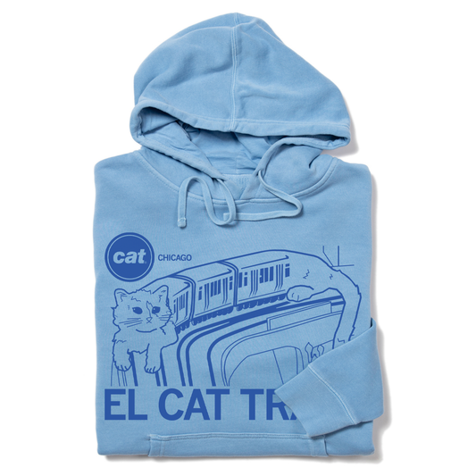 Light blue RAYGUN pullover hoodie with a graphic of a cat resting on an elevated train and the text CAT CHICAGO EL CAT TR.