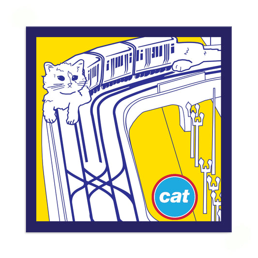 A white cat perched on a train track with a Chicago C.A.T. train passing behind it, next to a circular logo that says cat.