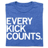 Blue crew neck RAYGUN t-shirt with the text EVERY KICK COUNTS. printed in white.