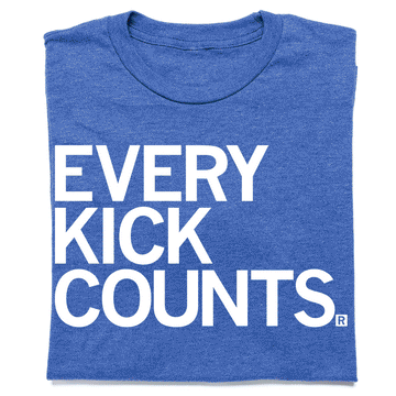 Blue crew neck RAYGUN t-shirt with the text EVERY KICK COUNTS. printed in white.