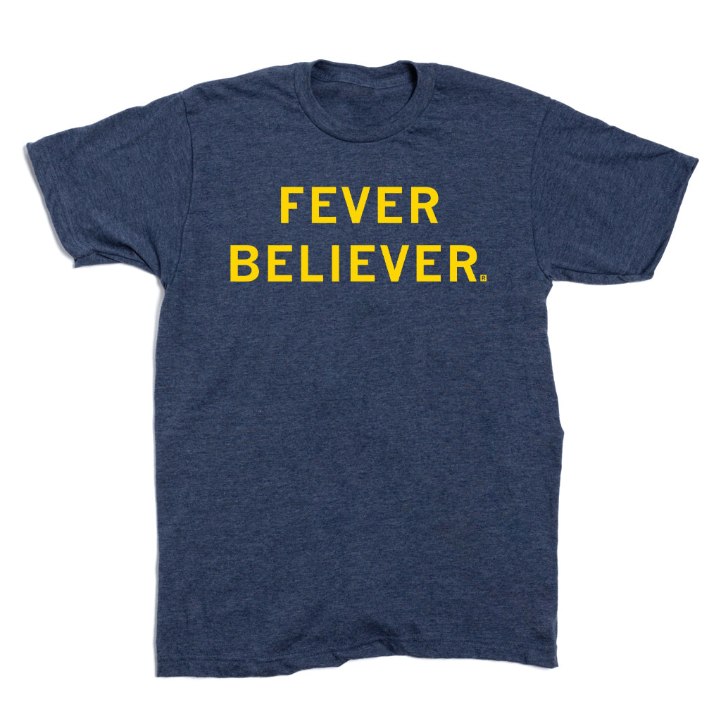 Heather denim crewneck t-shirt with the yellow text FEVER BELIEVER printed on the chest.