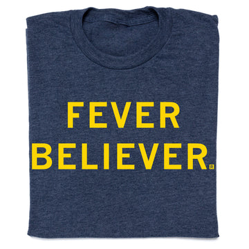 Heather denim t-shirt in navy blue featuring the text FEVER BELIEVER printed in yellow block letters.