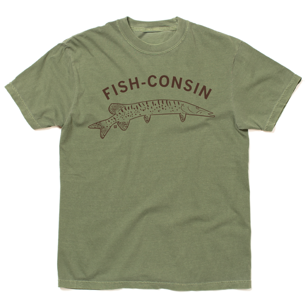 Hemp comfort colors t-shirt with brown ink that says, "Fish-consin" over an illustration of a Muskellunge fish.