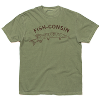 Hemp comfort colors t-shirt with brown ink that says, "Fish-consin" over an illustration of a Muskellunge fish.