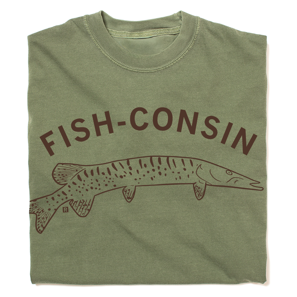 A folded hemp colored shirt with brown ink that says, "Fish-consin" over an illustration of a Muskellunge fish.