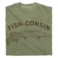A folded hemp colored shirt with brown ink that says, "Fish-consin" over an illustration of a Muskellunge fish.