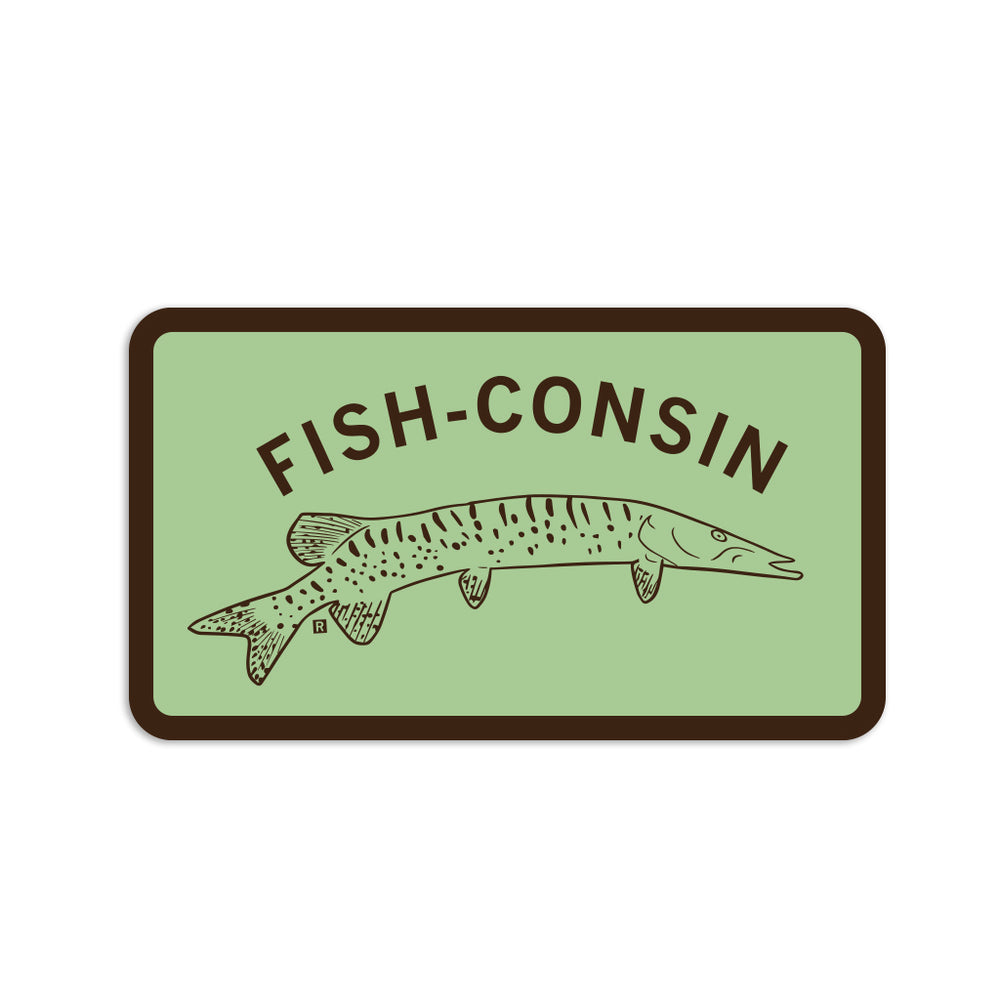 Green sticker with a brown border and text that says, "Fish-consin" over an illustration of a musky fish.