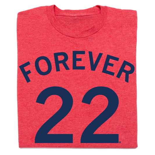 Heather red t-shirt with FOREVER 22 printed in navy blue text.