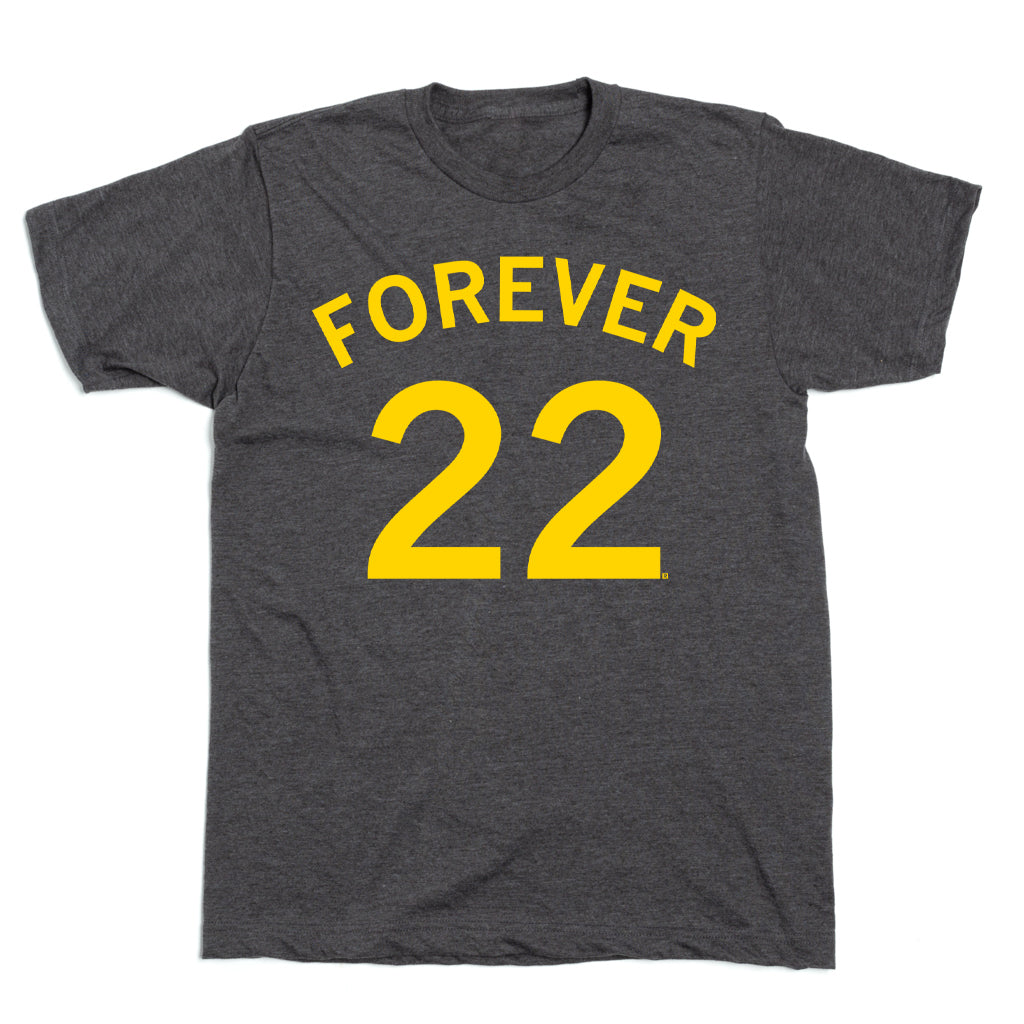 Charcoal gray Forever 22 t-shirt with yellow lettering.
