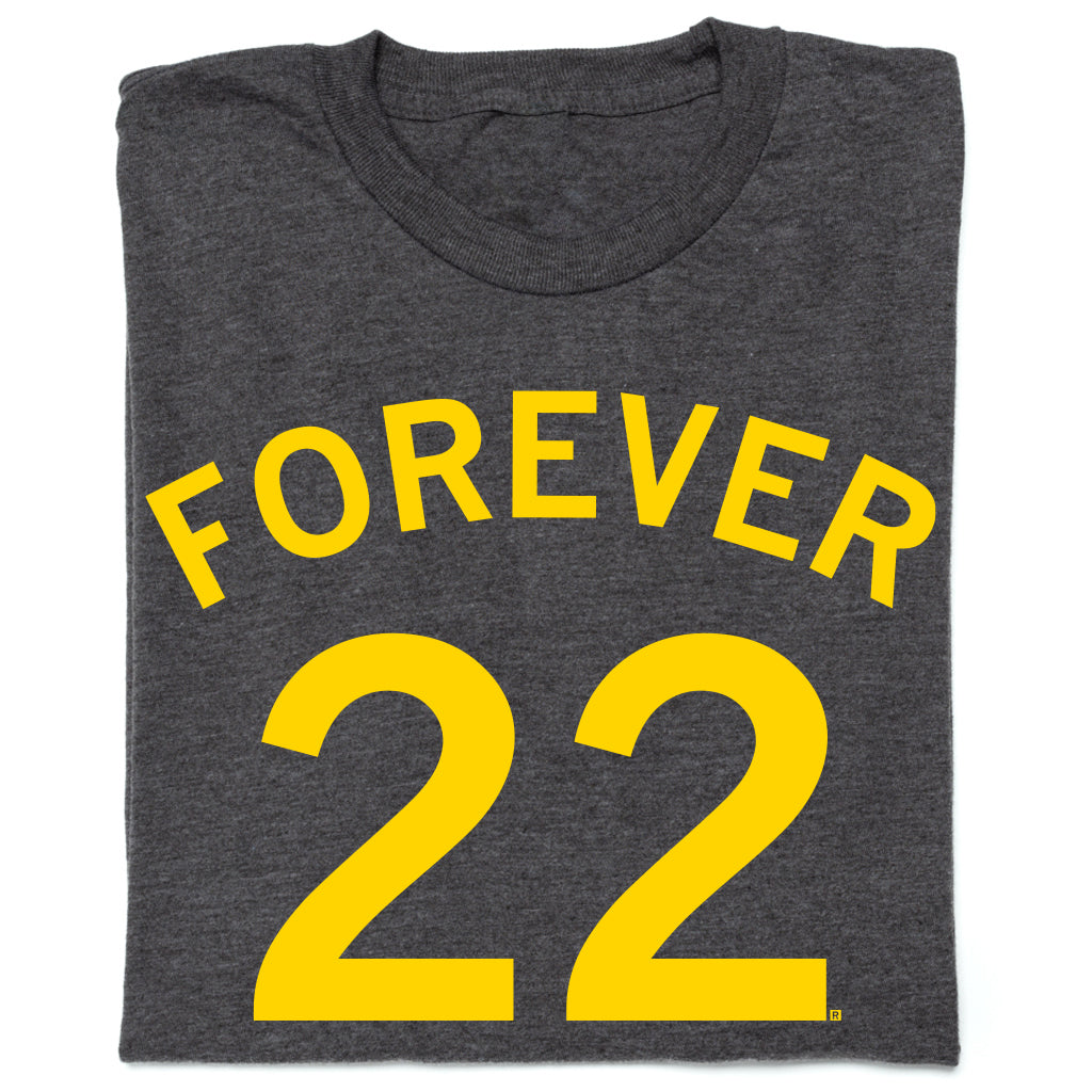 Charcoal gray Union Labor T-shirt with the text FOREVER 22 printed in large yellow letters.