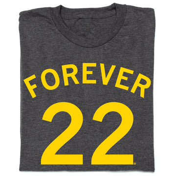 Charcoal gray Union Labor T-shirt with the text FOREVER 22 printed in large yellow letters.