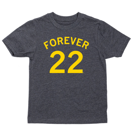 Charcoal T-shirt with the text FOREVER 22 printed in yellow on the front.