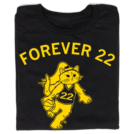 Black RAYGUN t-shirt featuring a yellow graphic of a cat playing basketball, with the text FOREVER 22 above.