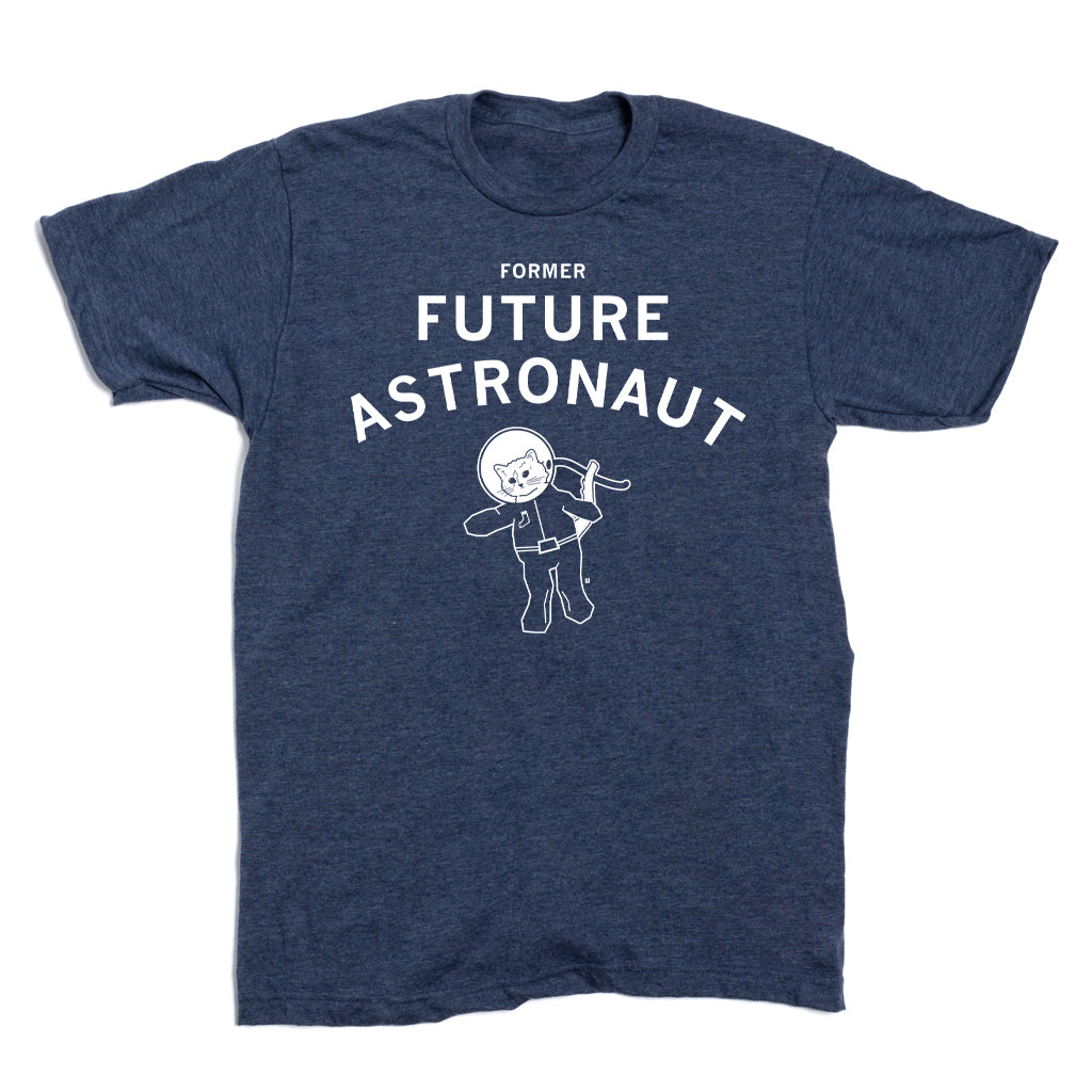 Navy blue RAYGUN astronaut t-shirt with the text FORMER FUTURE ASTRONAUT above a graphic of a cat in a space suit.