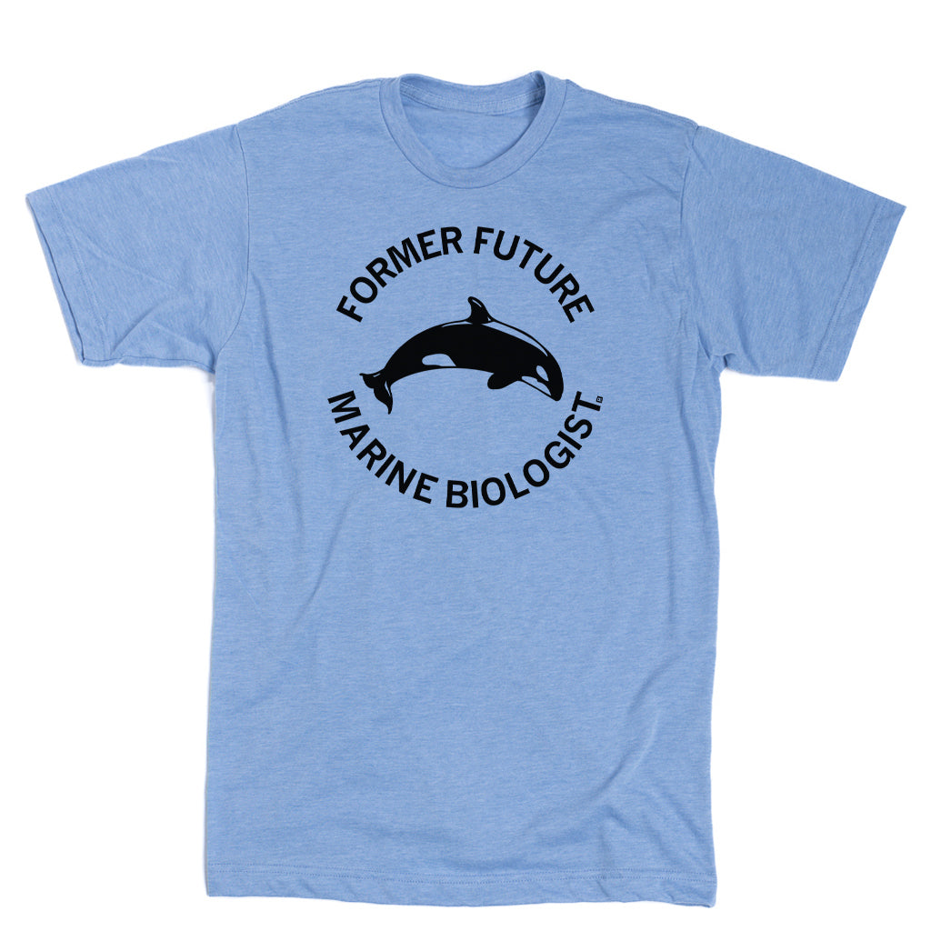 Light blue athletic t-shirt featuring a black circular graphic of an orca and the text FORMER FUTURE MARINE BIOLOGIST.