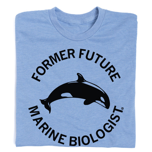 Light blue athletic T-shirt featuring a central orca illustration surrounded by the text FORMER FUTURE MARINE BIOLOGIST.