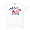 White RAYGUN t-shirt with the text FREADOM arched above an open book featuring an American flag pattern on its pages.