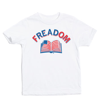Union made white combed ringspun cotton t-shirt with the text FREADOM in red and blue letters above an illustration of an open book with American flag pages.
