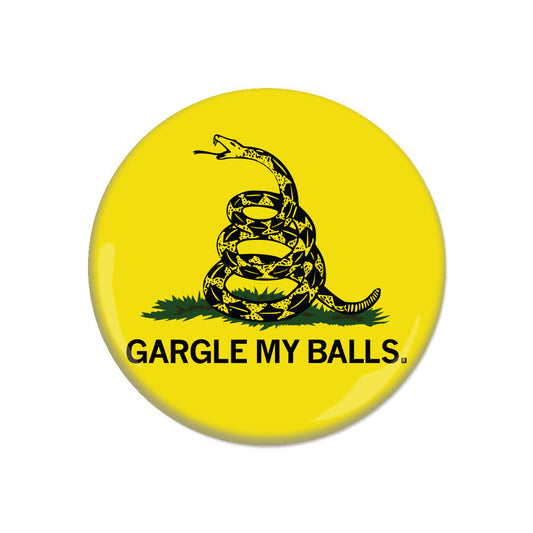 Yellow RAYGUN button featuring a coiled rattlesnake on green grass with the text GARGLE MY BALLS. beneath it.