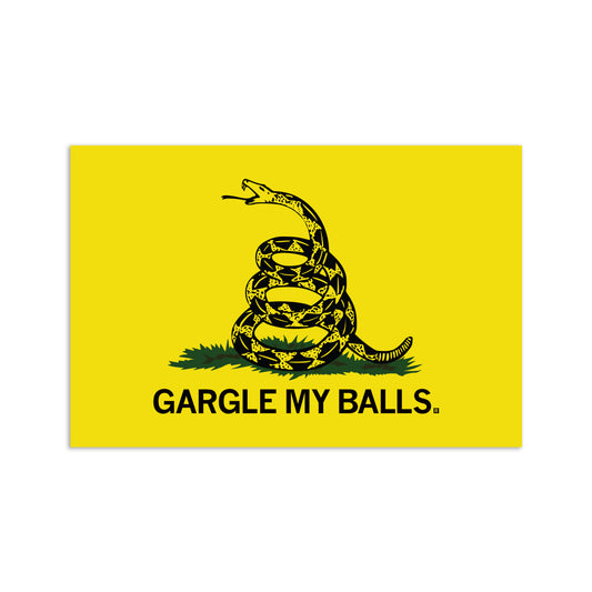 Yellow RAYGUN vinyl sticker featuring a coiled rattlesnake above the text GARGLE MY BALLS.