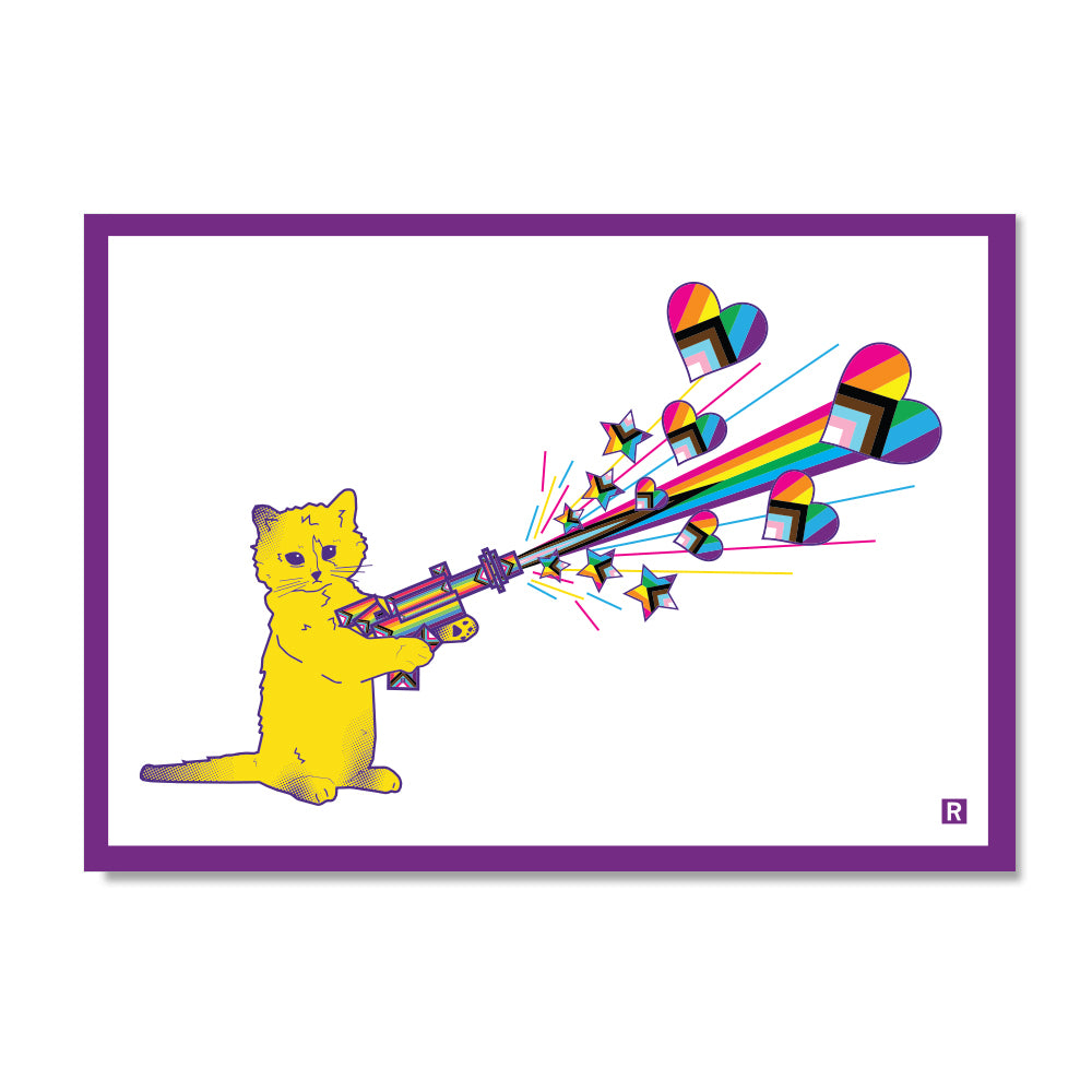 A yellow cartoon cat firing a colorful RAYGUN that shoots rainbow-colored hearts and stars on this pride postcard.