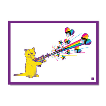 A yellow cartoon cat firing a colorful RAYGUN that shoots rainbow-colored hearts and stars on this pride postcard.