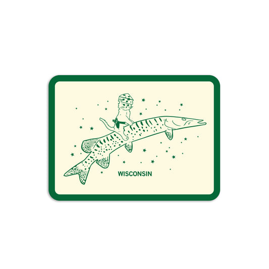 Green and cream illustration of a cat wearing a cheese hat while riding a musky fish as a sticker