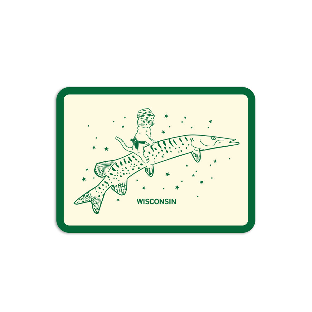 Green and cream illustration of a cat wearing a cheese hat while riding a musky fish as a sticker