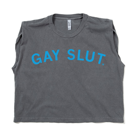 Charcoal grey sleeveless muscle crop top with the words GAY SLUT. printed in light blue.