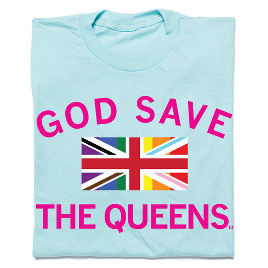 Heather Purist Blue t-shirt with the text GOD SAVE THE QUEENS in pink and a stylized British Union Jack flag featuring progress pride colors.