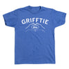 Blue RAYGUN short-sleeved t-shirt with the word GRIFFTIE above a graphic of two hands forming a heart shape with the Drake logo inside.