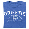 Union-made blue RAYGUN t-shirt featuring the text GRIFFTIE above an outline of hands forming a heart shape with the Drake logo in the center.