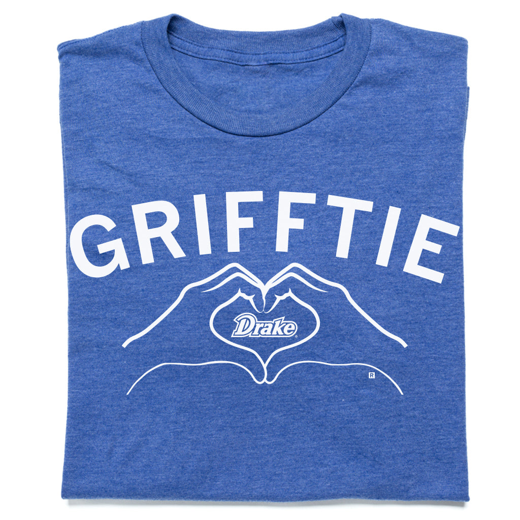Union-made blue RAYGUN t-shirt featuring the text GRIFFTIE above an outline of hands forming a heart shape with the Drake logo in the center.