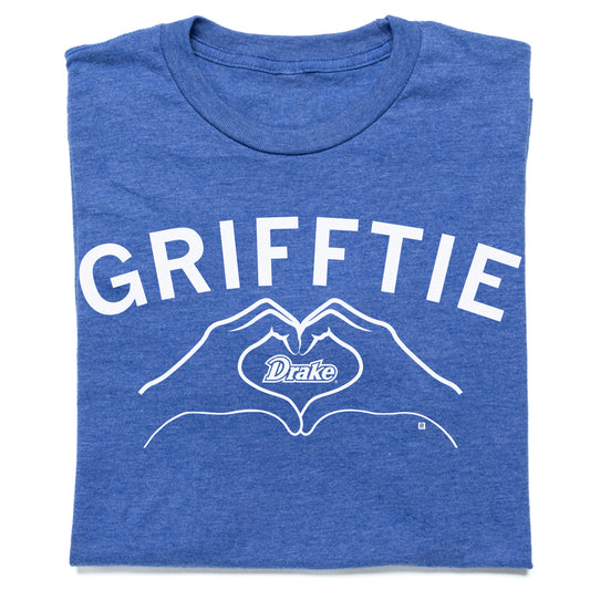 Union-made blue RAYGUN t-shirt featuring the text GRIFFTIE above an outline of hands forming a heart shape with the Drake logo in the center.