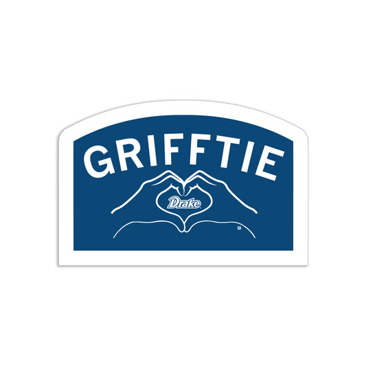 A blue RAYGUN vinyl sticker reading GRIFFTIE above an outline of hands forming a heart shape with the Drake University logo in the center.