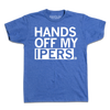 Blue RAYGUN T-shirt with the text HANDS OFF MY IPERS printed in white.