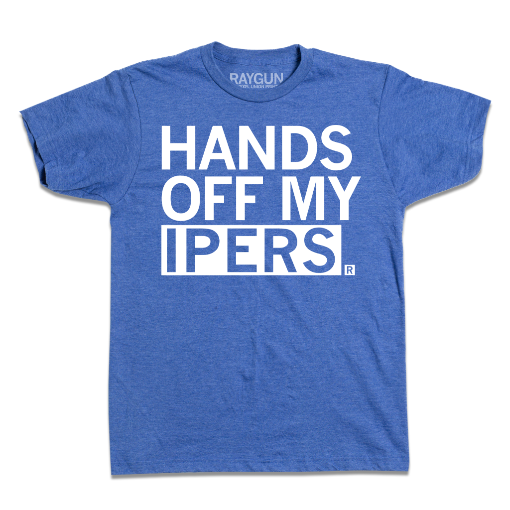 Blue RAYGUN T-shirt with the text HANDS OFF MY IPERS printed in white.