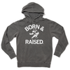 Charcoal gray RAYGUN pullover hooded sweatshirt with BORN & RAISED printed in white, featuring a cartoon bird in a football helmet in the center.