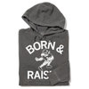 Charcoal grey UNION MADE hoodie featuring a white graphic of a football-playing bird mascot and the text BORN & RAIS.