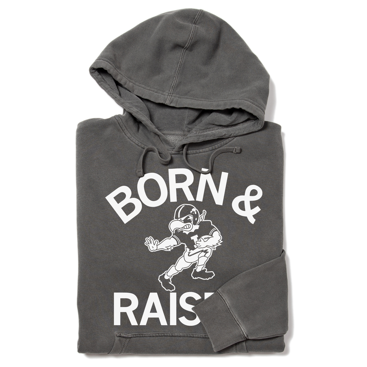 Charcoal grey UNION MADE hoodie featuring a white graphic of a football-playing bird mascot and the text BORN & RAIS.