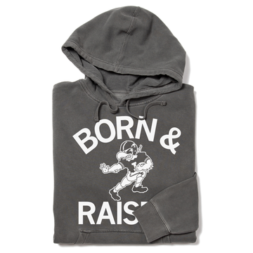 Charcoal grey UNION MADE hoodie featuring a white graphic of a football-playing bird mascot and the text BORN & RAIS.