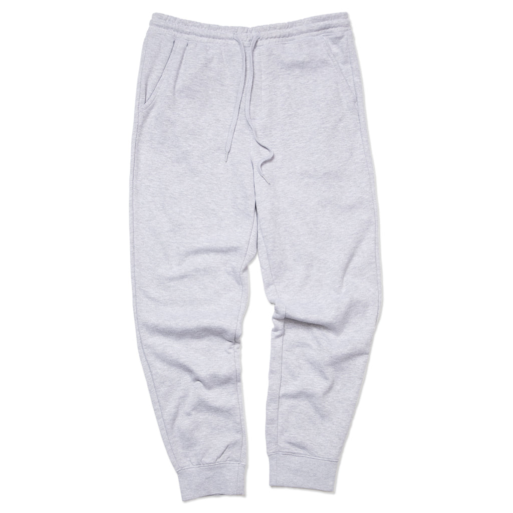 Heather grey sweatpants with an elastic waistband, a drawstring, and cuffed ankles.