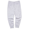 Relaxed fit heather grey sweatpants with an elastic waistband, a drawstring, and cuffed ankles.