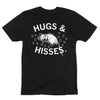 Black, union-made t-shirt featuring an illustration of an opossum surrounded by hearts and XOXO symbols, with the white text HUGS & HISSES above and below the animal.