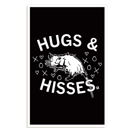 Black and white RAYGUN graphic of an opossum with the text HUGS & HISSES surrounded by small hearts, circles, and xs.