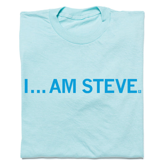 Light blue, union-made RAYGUN t-shirt with the text I... AM STEVE. printed in blue.